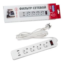S-GSR4-3 U2C1 WHITE-GREY Сетевой фильтр серии Standard. шнур 3м Пвс 3х0.75. 4 гнезда. с-з. 2USB+1TYPE C. 10A. 2500Вт. Белый-серый. TM Uniel
