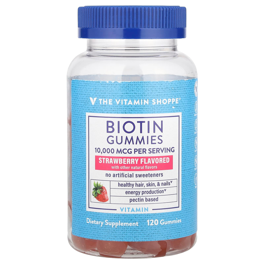 The Vitamin Shoppe, Жевательные мармеладки с биотином, клубника, 120 жевательных таблеток (5000 мкг в 1 жевательной мармеладке)