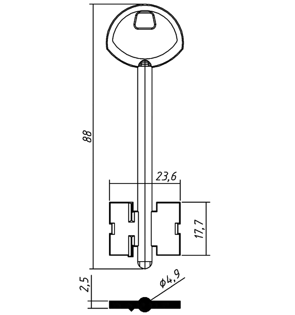 Заготовка сувальдного ключа 10656 140/2- Гардиан-5 литье (88*23,6*17,7)(4,9) (GRD5D)