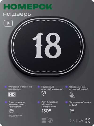 Номерок на дверь квартиры 18, для кабинета, офиса, шильдик 9 х 7 см, черный, Айдентика Технолоджи