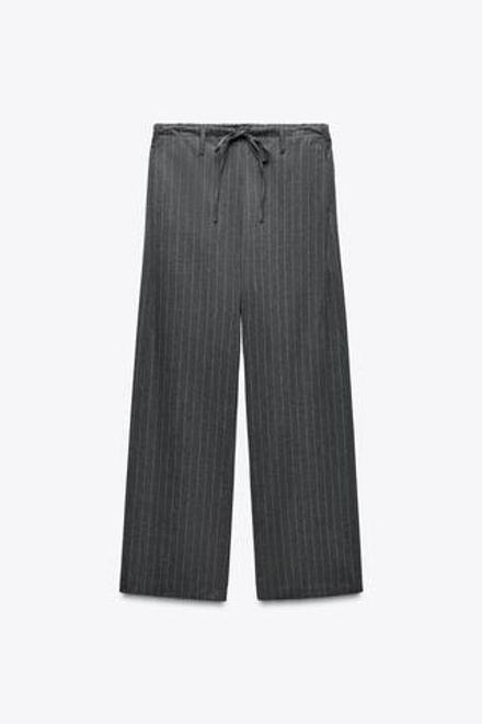 ZARA БРЮКИ В ПОЛОСКУ НА ШНУРКЕ, МЯГКИЙ СЕРЫЙ