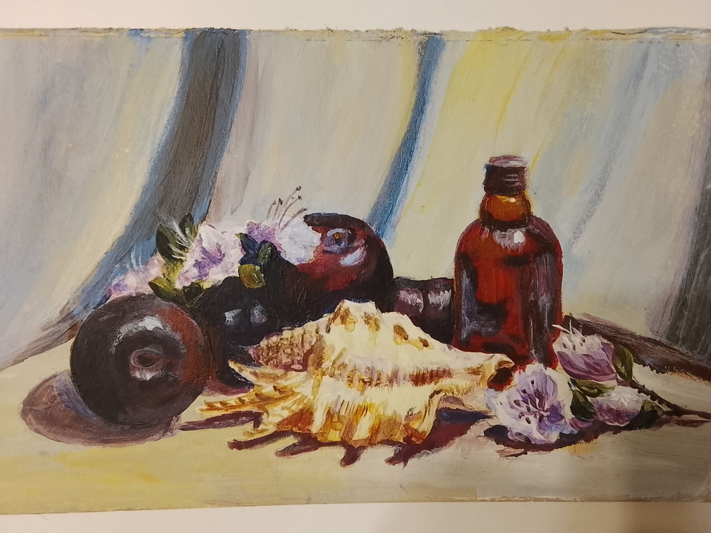 Картина "Натюрморт со сливами и ракушкой" авторская работа оригинал (акрил, картон) 240 мм на 150 мм без рамки