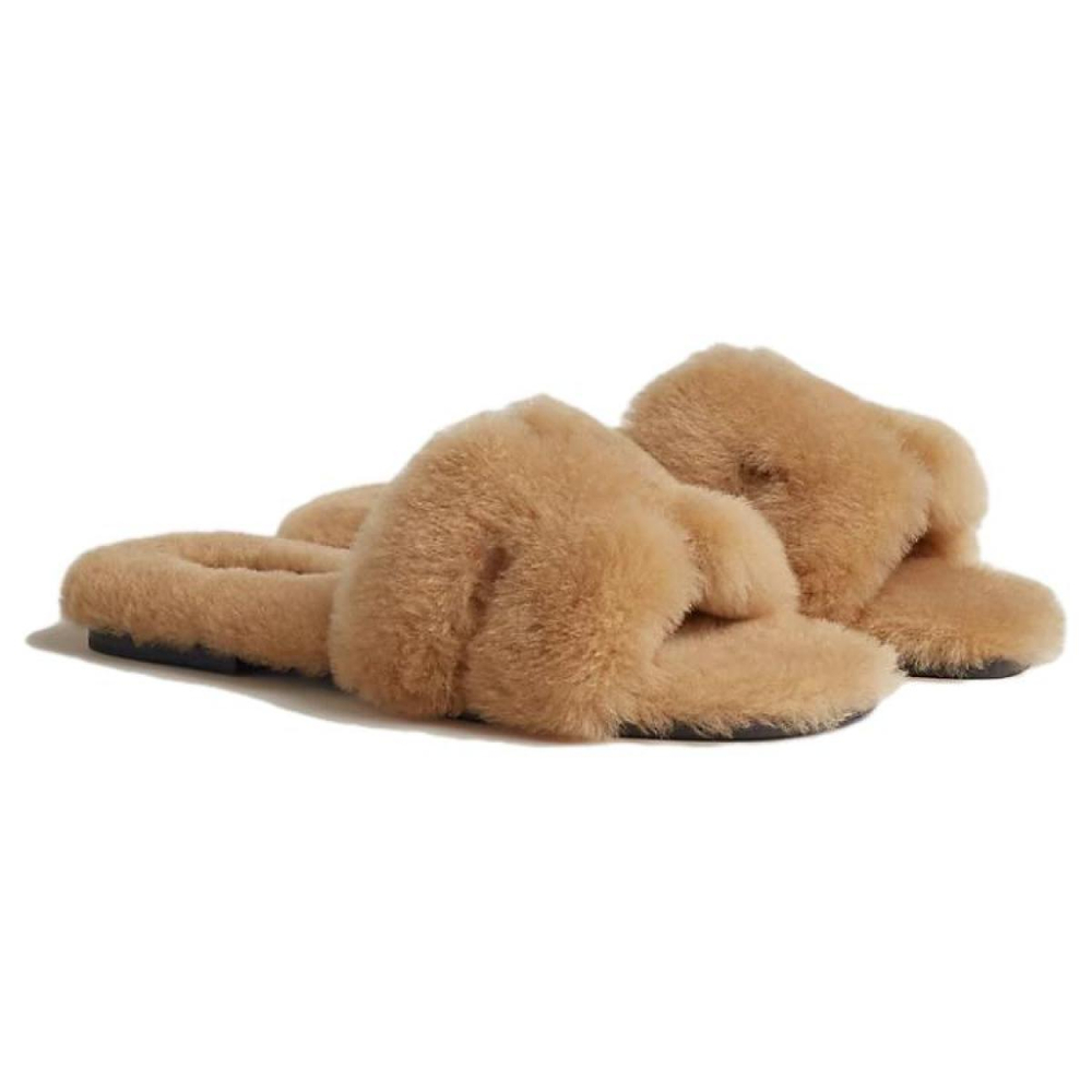 Hermes Oran sheepskin all-match comfortable one-word slippers women's brown, H231288Z 1J