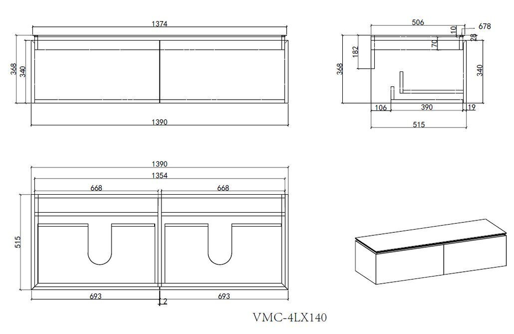 Тумба под раковину Vincea Luxe 1400 подвесная, 2 выкатных ящика soft close, натуральный орех