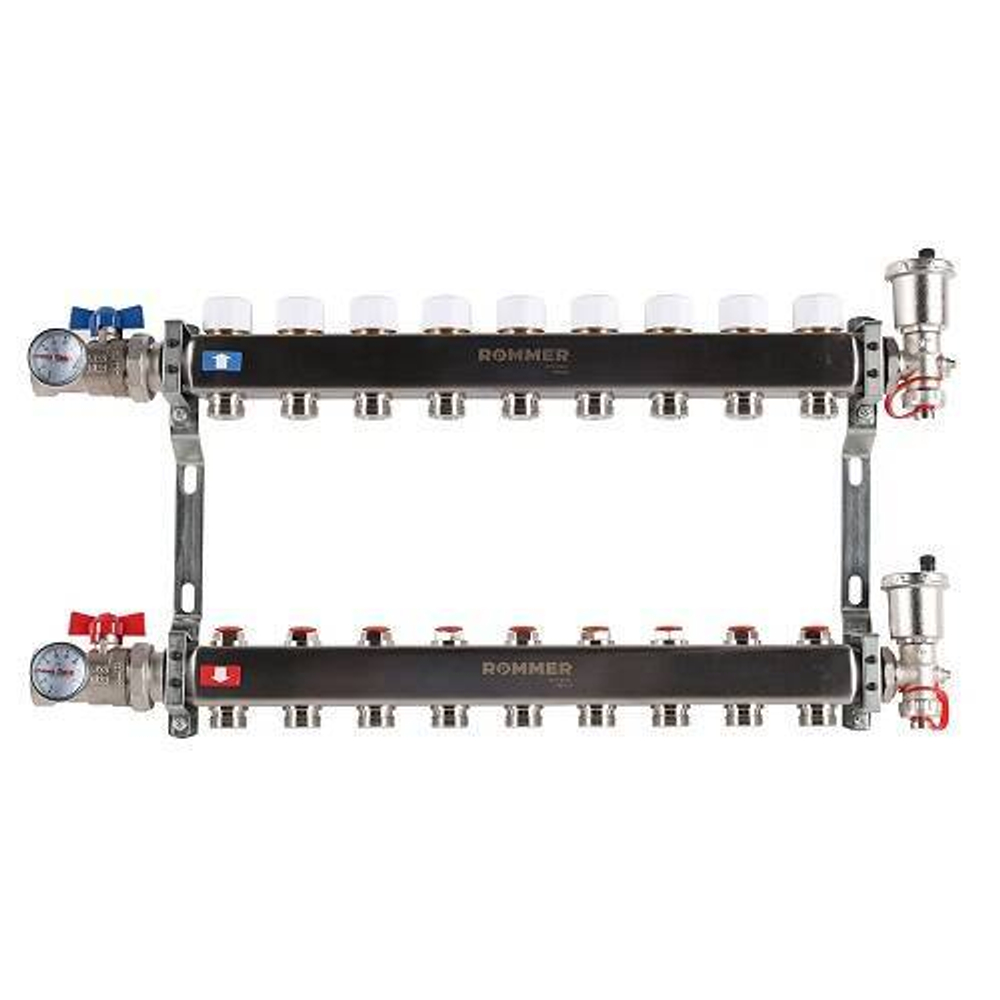 Коллекторная группа для радиаторного отопления ROMMER RMS3210 - 1" на 9 контуров 3/4"EK