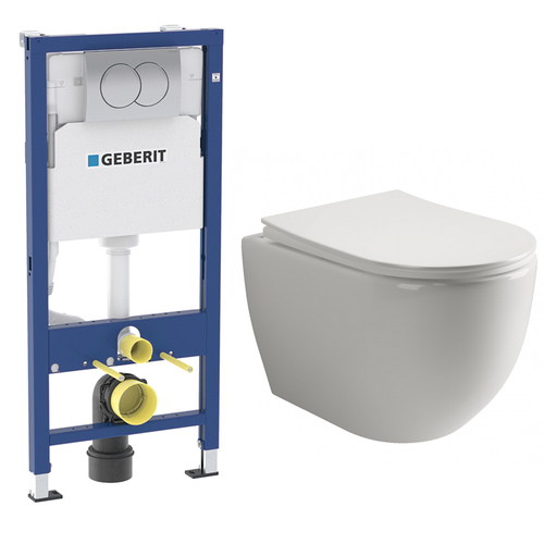 Комплект подвесной безободковый унитаз Ceramica Nova Mia Rimless CN1805 с ультра-тонким сиденьем SoftClose + инсталляция Geberit Delta 458.149.21.1 с кнопкой, хром глянцевый