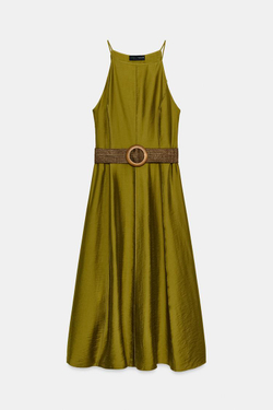 ZARA ПЛАТЬЕ МИДИ С ПОЯСОМ, ХАКИ