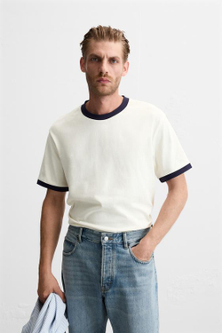 ZARA ФУТБОЛКА С КОНТРАСТНОЙ ОТДЕЛКОЙ, ЖЕЛТОВАТО-БЕЛЫЙ