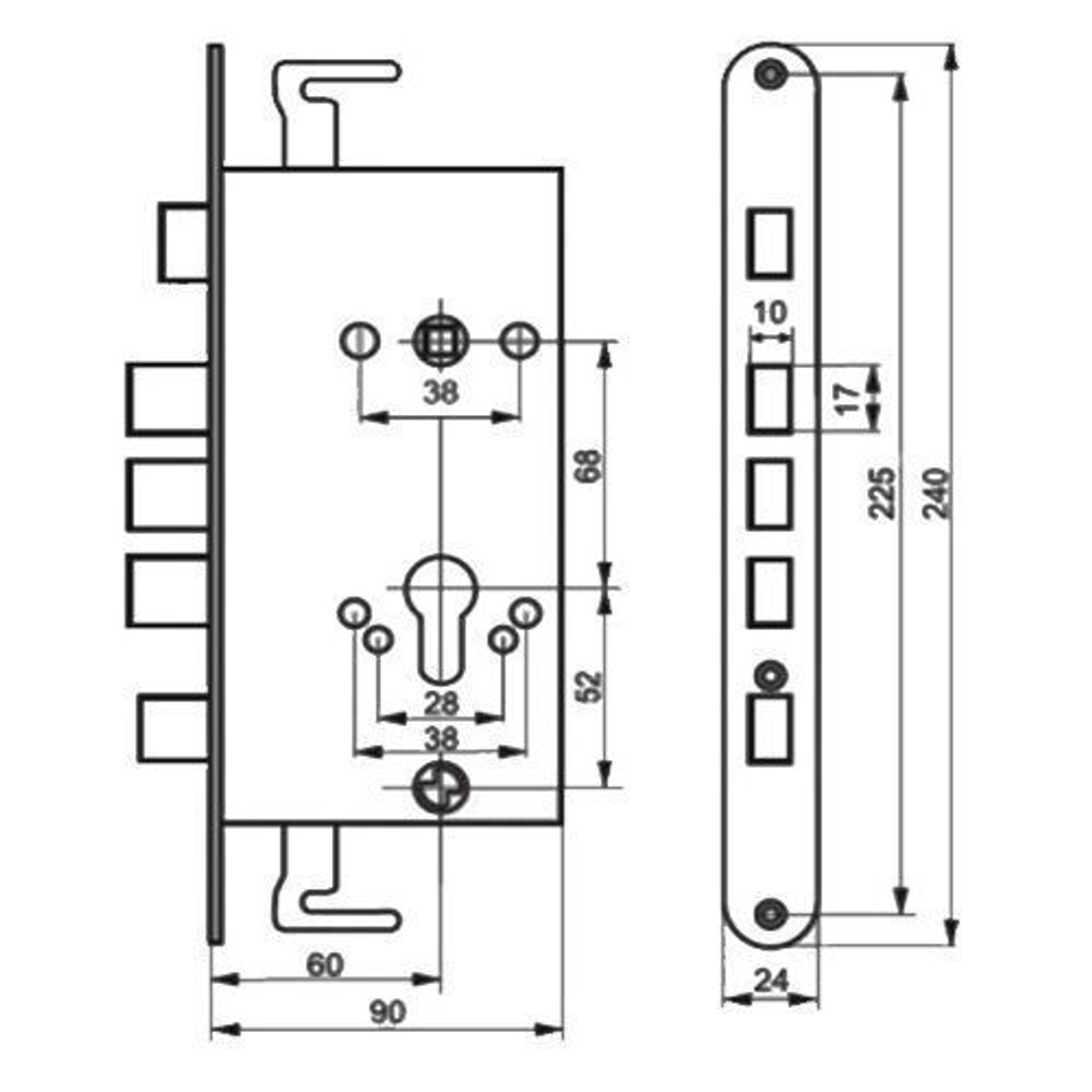 Корпус врезного замка 2524-3Р (Zohen) (632С) (закруг.планка) LEKSA