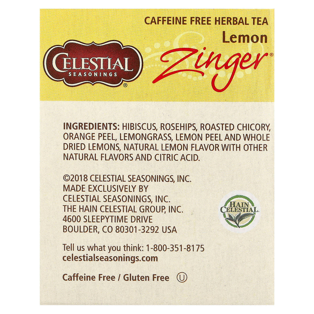 Celestial Seasonings, травяной чай, Lemon Zinger, без кофеина, 20 чайных пакетиков, 47 г (1,7 унции)