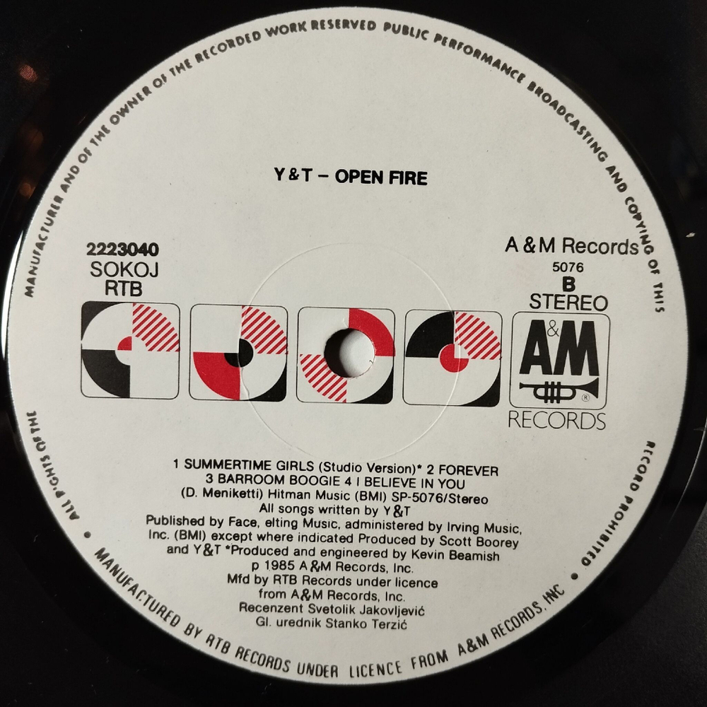 Винтажная виниловая пластинка LP Y and T Open Fire (Югославия 1985)