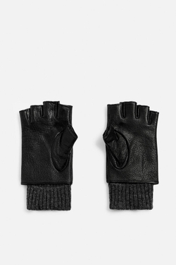 ZARA КОМБИНИРОВАННЫЕ КОЖАНЫЕ ПЕРЧАТКИ БЕЗ ПАЛЬЦЕВ, ЧЕРНЫЙ