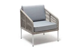 "Канны" кресло плетеное из роупа, каркас алюминий светло-серый (RAL7035) муар, роуп серый меланж круглый, ткань светло-серая