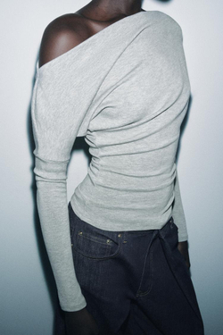 ZARA ТОП АСИММЕТРИЧНОГО КРОЯ ИЗ МЯГКОЙ ТКАНИ, СЕРЫЙ МЕЛАНЖ