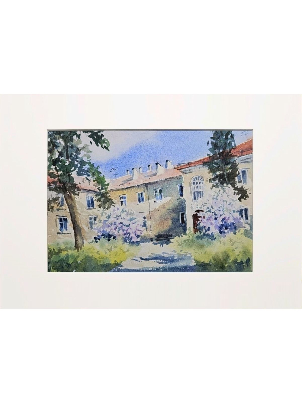 Картина авторская акварельная в паспарту 21х30 см на стену для интерьера "Сирень во дворе"