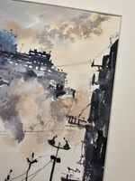 Картина авторская акварельная в паспарту 30х40 см на стену для интерьера "Индустриальный пейзаж"