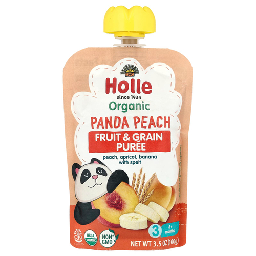 Holle, Органическое фруктовое и зерновое пюре, панда, персик, от 8 месяцев, персик, абрикос, банан с полбой, 100 г (3,5 унции)