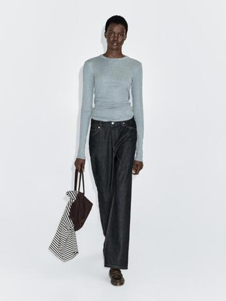 Massimo Dutti Футболка из смесового хлопка с длинными рукавами, небесно-голубой