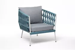 "Диего" кресло плетеное из роупа, каркас алюминий светло-серый (RAL7035) муар, роуп бирюзовый круглый, ткань светло-серая