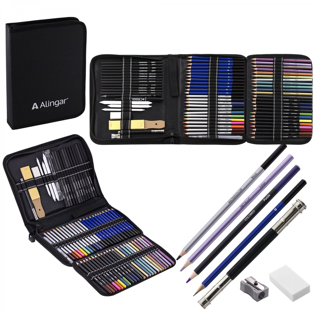 Набор художественный Alingar, 71 предм в пенале(цвет,ч/г,уголь.карандаши,ластик,наждач.блок,точилка, растирка,удлин для каран,канц.нож)