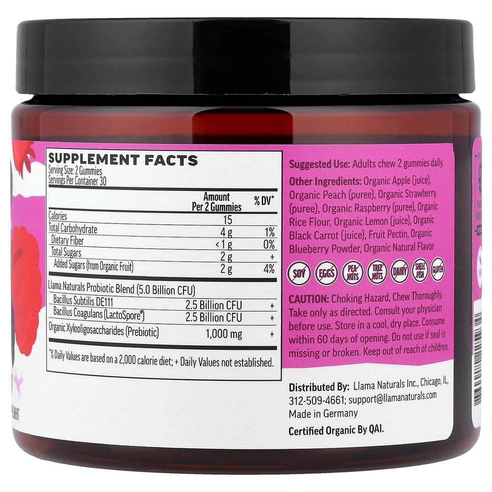 Llama Naturals, пребиотики и пробиотики для взрослых, настоящие фруктовые жевательные таблетки, вкус ягод, 60 жевательных таблеток