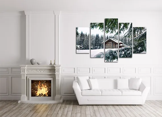 Модульная картина "Домик в зимнем лесу"