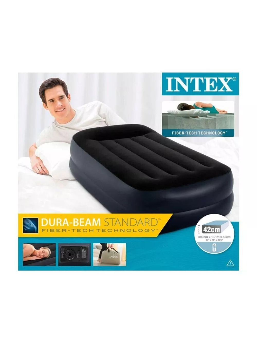 INTEX Кровать надувная флок Твин, 99х191х42см, с высоким подголовником, встр.электронасос, 64122NP