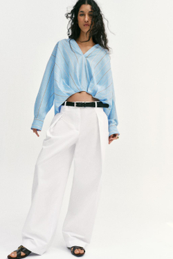 ZARA РУБАШКА ИЗ ЛЬНА С ОБЪЕМНЫМ НИЗОМ, ПЕСОЧНЫЙ/СИНИЙ