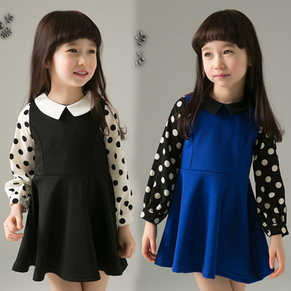 Платье однотонное с рукавами в горох и отложным воротником