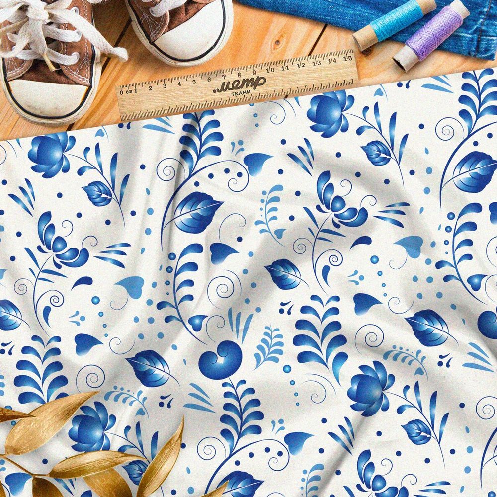Ткань поплин редкая гжель на белом фоне