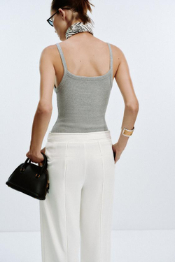 ZARA БРЮКИ СО ШЛЕВКАМИ И КОНТРАСТНОЙ СТРОЧКОЙ, ЖЕЛТОВАТО-БЕЛЫЙ