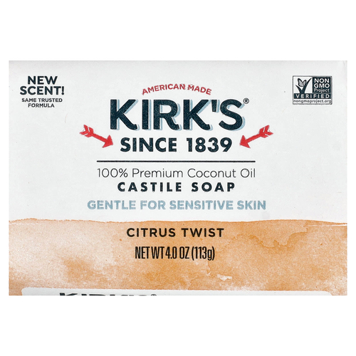 Kirk's, кастильское кусковое мыло со 100%-ным кокосовым маслом премиального качества, цитрус, 113 г (4 унции)
