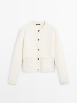 Massimo Dutti Короткий трикотажный кардиган с золотистыми пуговицами, белый