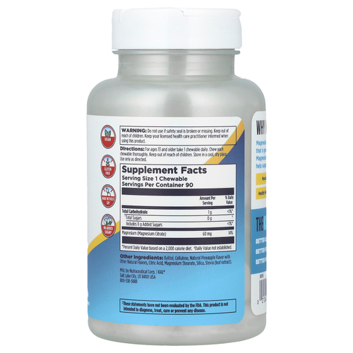 KAL, Жевательные таблетки с магнием, ананас, 60 мг, 90 жевательных таблеток