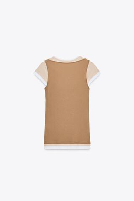 ZARA ФУТБОЛКА С КОНТРАСТНОЙ НАКЛАДКОЙ, СВЕТЛО-КОРИЧНЕВЫЙ
