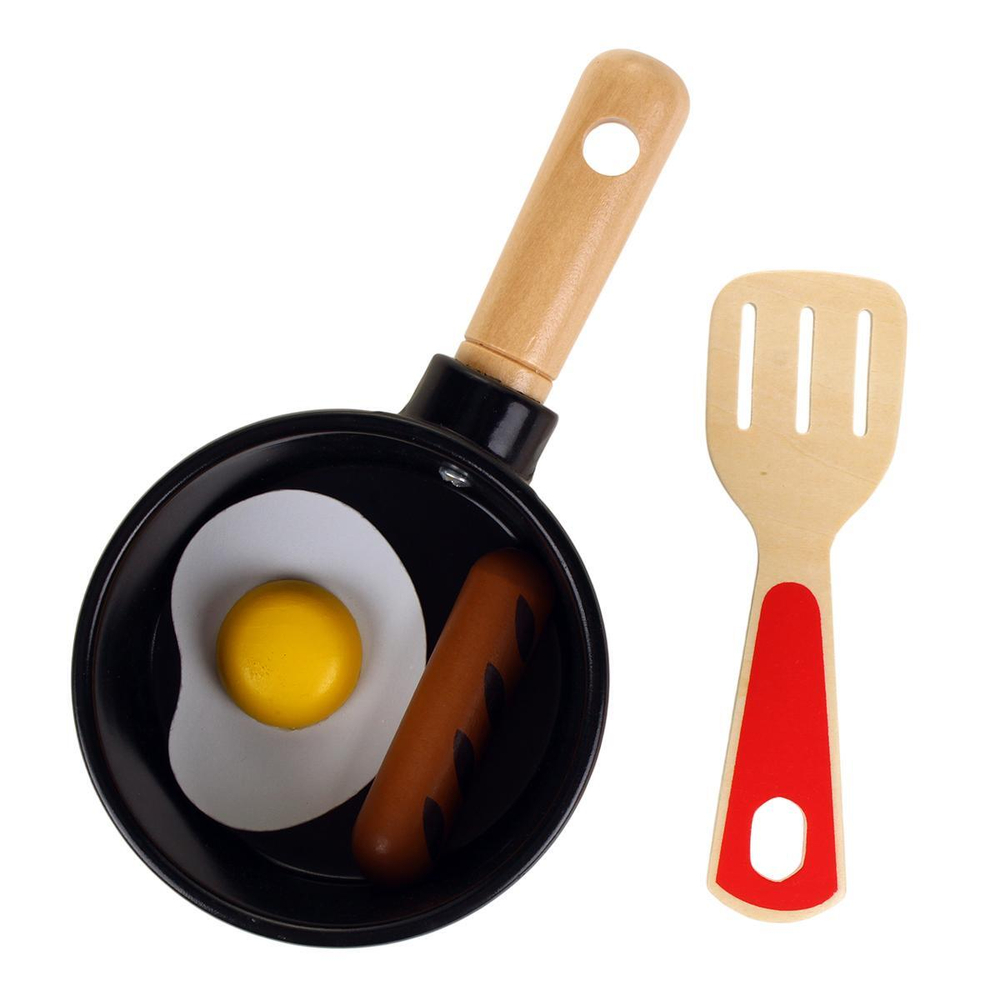 Кухонный набор деревянный (сковородки + еда), коробка C-41652