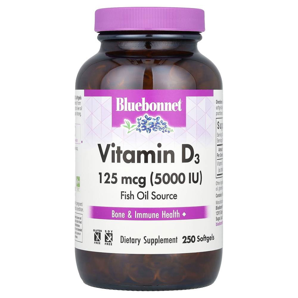 Bluebonnet Nutrition, витамин D3, 125 мкг (5000 МЕ), 250 капсул