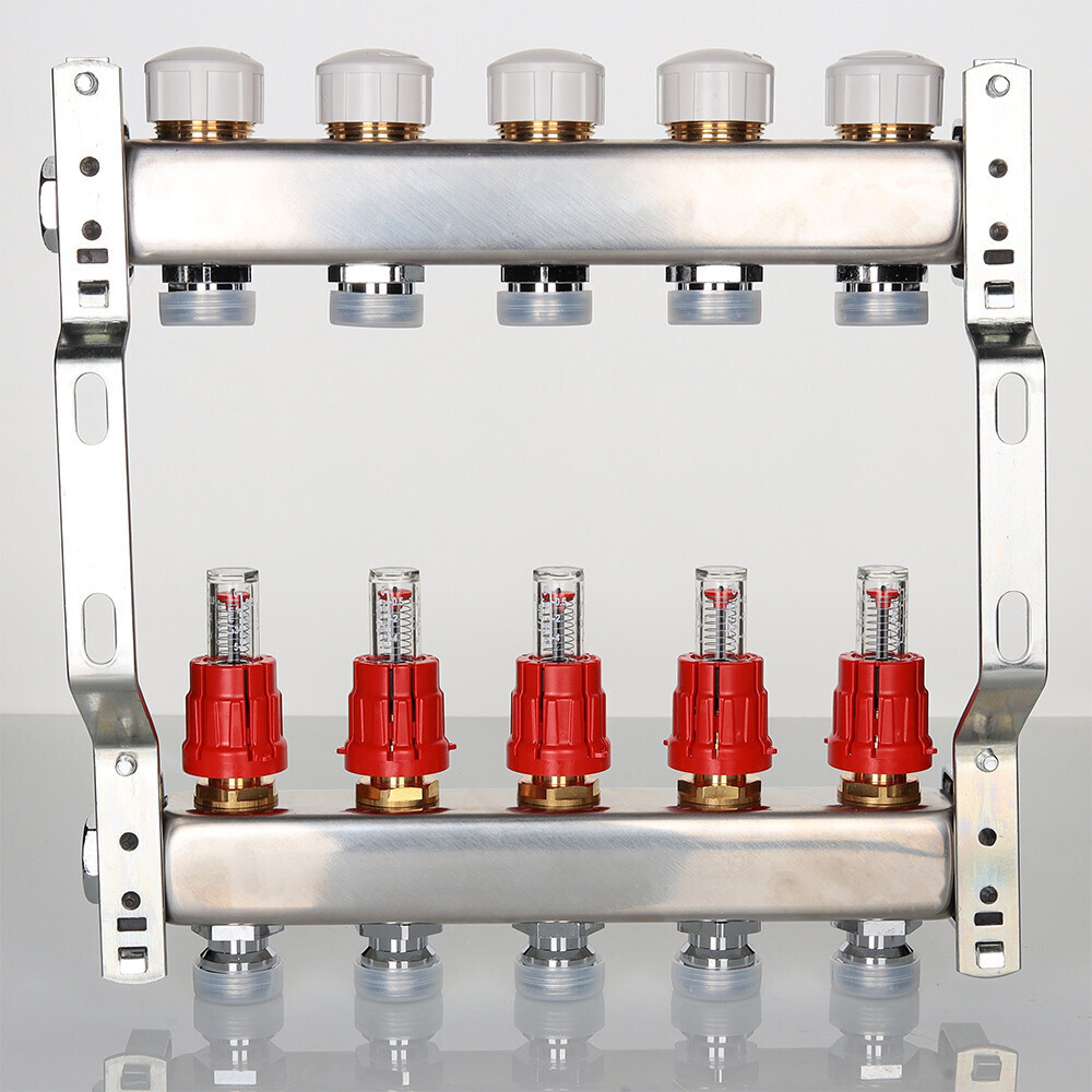 Блок коллекторный VALTEC из нержавеющей стали с регулирующими клапанами и расходомерами 1", 10 x 3/4", "евроконус"