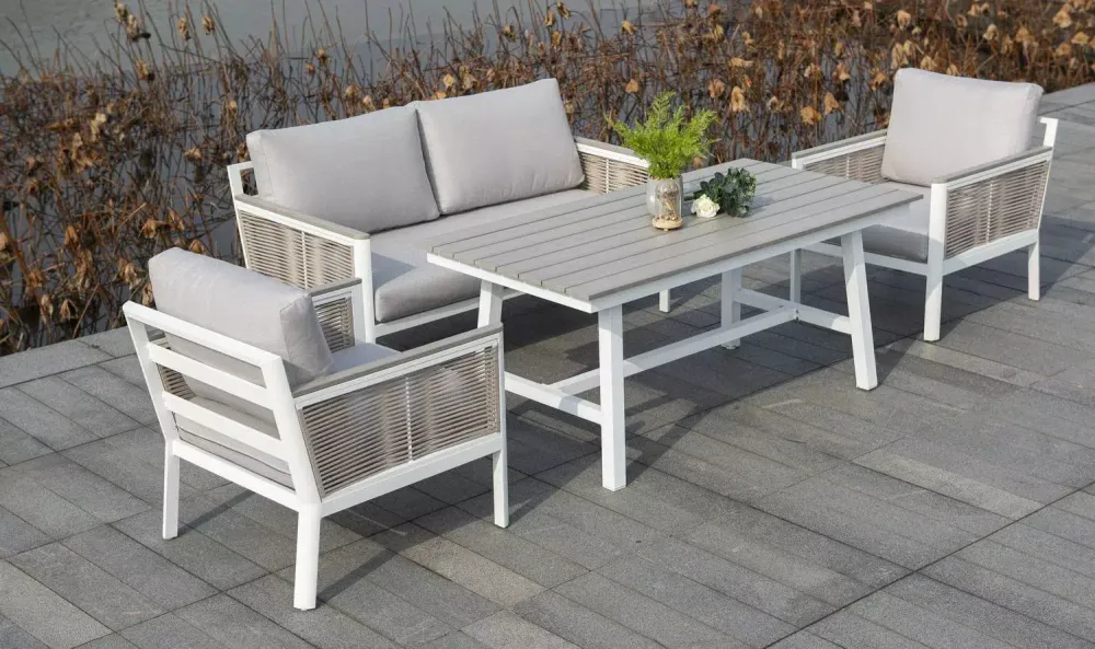 "Сан Ремо" диван 2-местный плетеный из роупа, каркас алюминий белый, роуп бежевый, ткань бежевая