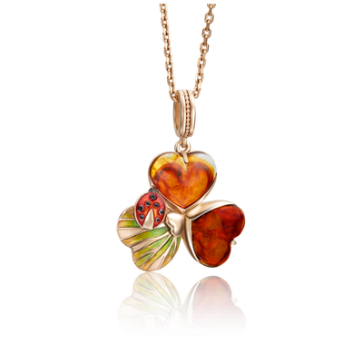 Подвеска «Трилистник» из красного золота с янтарём и эмалью