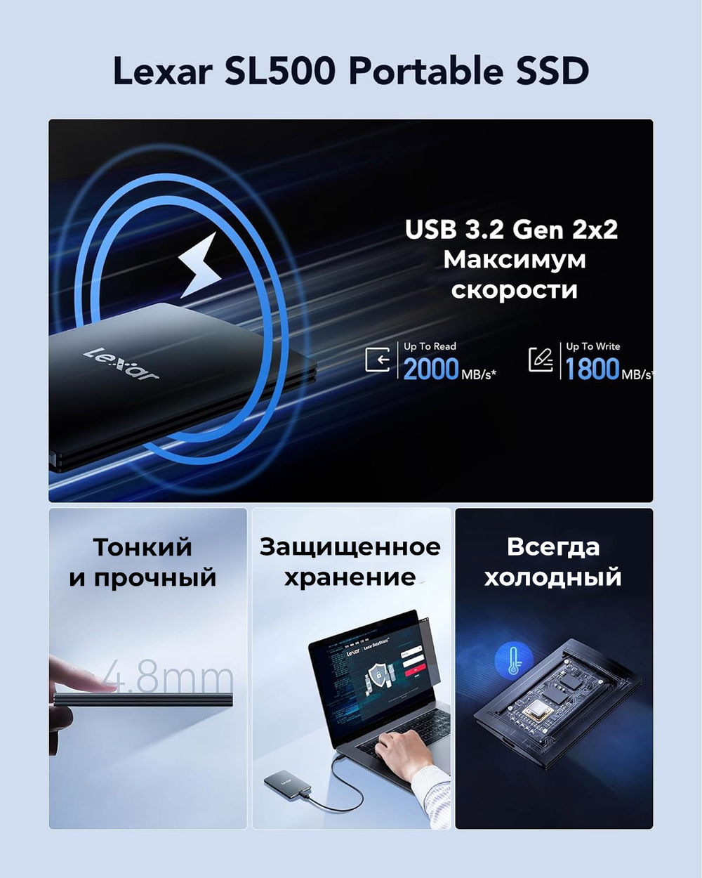 Накопитель Lexar SL500 Portable SSD 1TB, USB3.2 Gen2x2, R/W 2000/1800 МБ/с