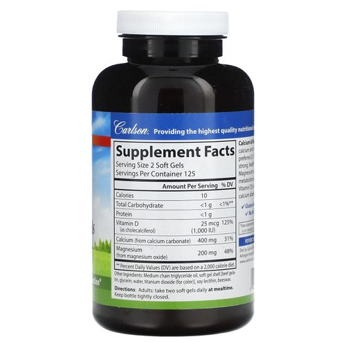 Carlson, Гели с кальцием и магнием с витамином D3, 250 мягких таблеток