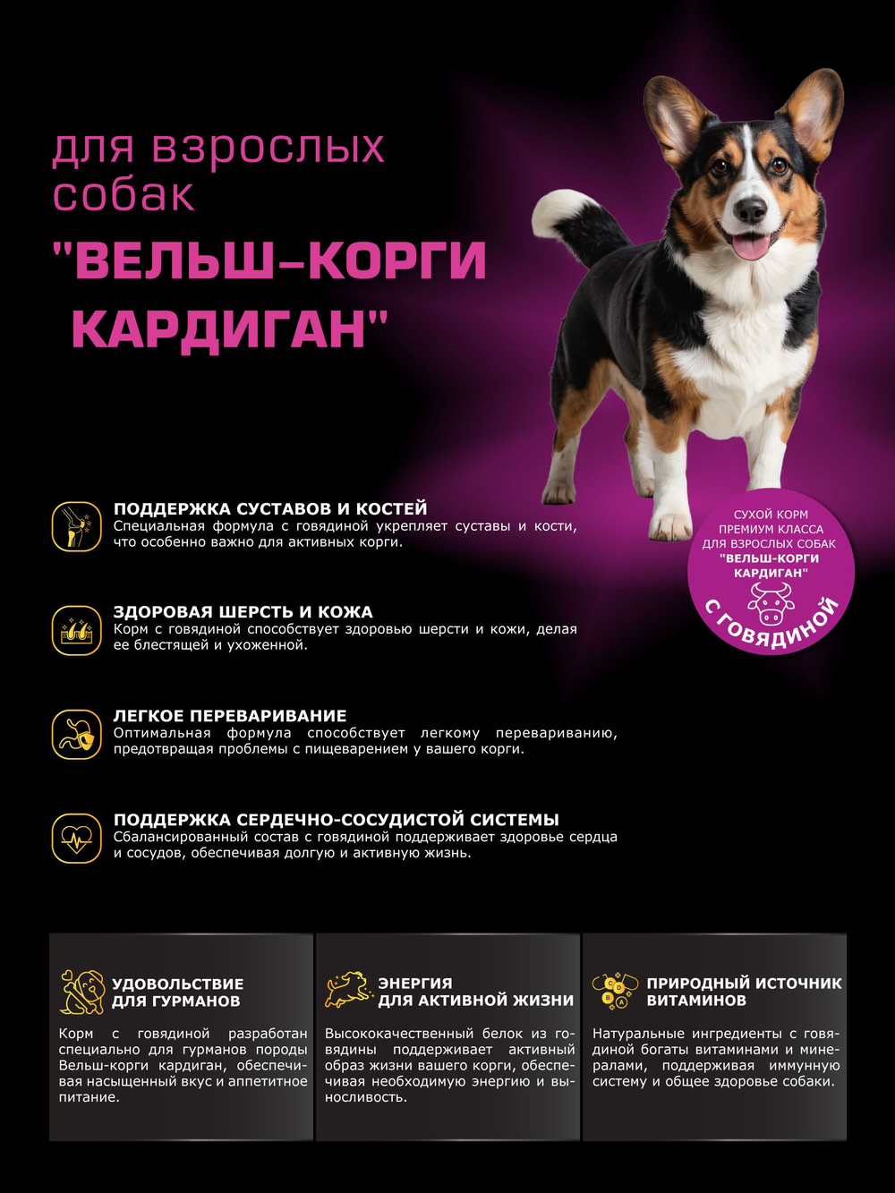 Корм для взрослых собак породы Вельш-корги кардиган, с говядиной, 2,5 кг, QUATTRO
