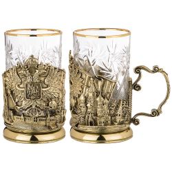 СТАКАН С ПОДСТАКАННИКОМ "ГЕРБ-ФЛАГ" 250 МЛ. ЖАРОПРОЧНОЕ СТЕКЛО С ПОЗОЛОЧЕННОЙ КАЕМКОЙ(КОР=1ШТ.)