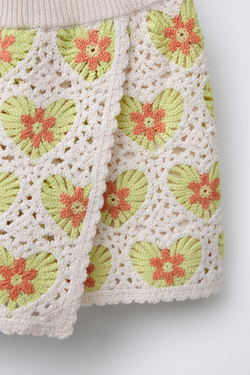 ZARA ЮБКА-ШОРТЫ ИЗ КРУЖЕВА КРОШЕ, ЗЕЛЕНЫЙ/ЭКРЮ