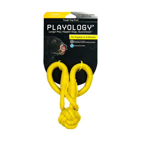 Жевательный канат Playology TOUGH TUG KNOT для щенков 4-8 месяцев с ароматом курицы, цвет желтый