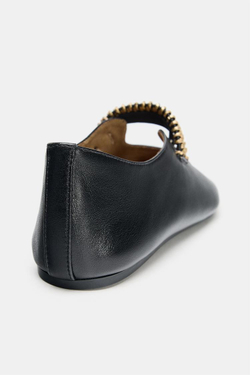 ZARA БАЛЕТКИ ИЗ КОЖИ С МЕТАЛЛИЧЕСКОЙ ПОЛОСКОЙ, ЧЕРНЫЙ