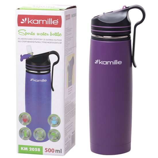 Термос-Бутылка спортивная 500 мл. Kamille KM-2058 из нержавеющей стали с трубочкой и клипсой