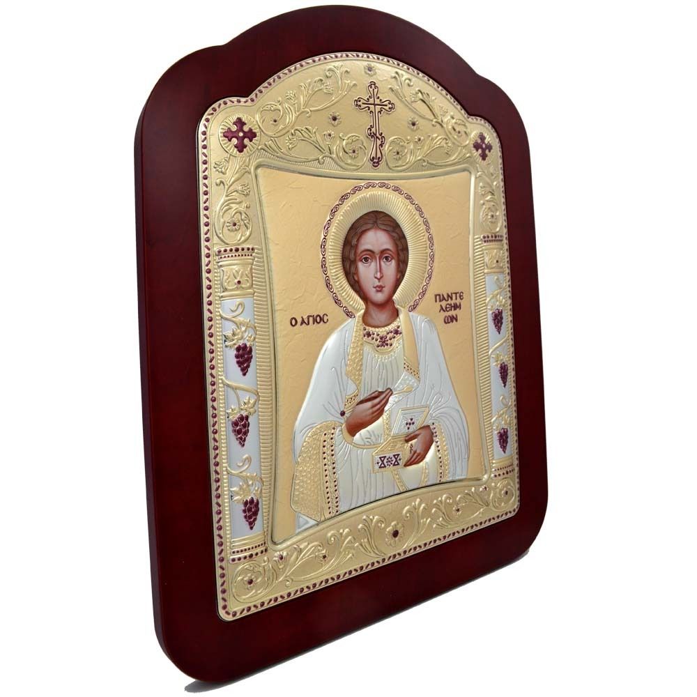 Святой Пантелеймон Целитель. Икона в серебряном окладе.