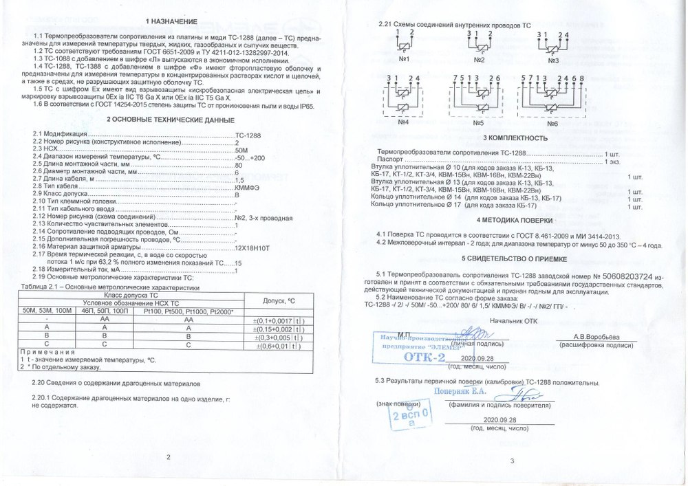 Термопреобразователь сопротивления ТС-1288/2/ 50М/ -50...+200/ 80/ 6/ 1.5/ КММФЭ/ В3